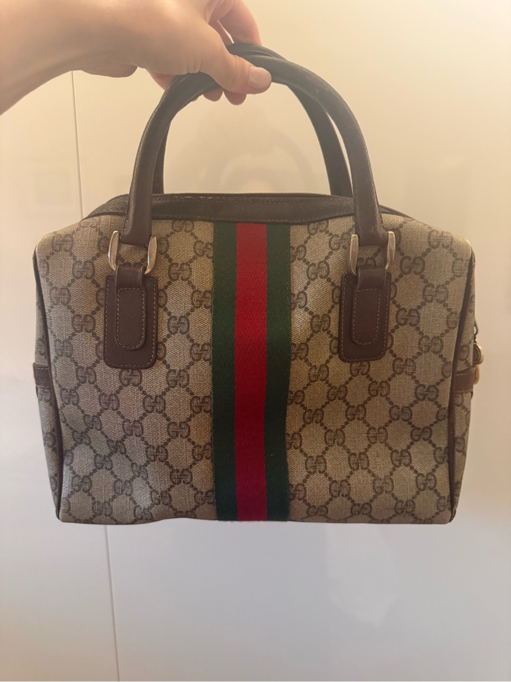 Gucci Beige GG Canvas Satchel with Green and Red Web Stripe - Picture 2 of 6